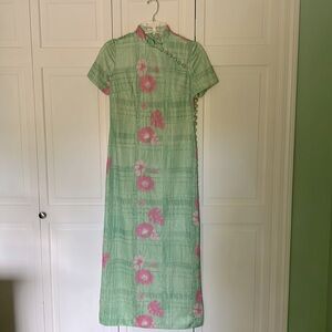 VTG Leslie Fay Dress- Mandarin Style -Maxi Floral -Short Sleeve Slit Side Size M